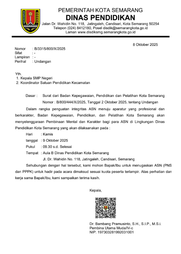Undangan Pembinaan Mental dan Karakter bagi para ASN di Lingkungan Dinas Pendidikan Kota Semarang